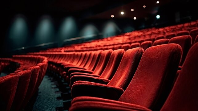Empty rows of red velvet seats filling an auditorium, symbolizing anticipation for a performance, classic cinema experience, or grand theatrical event without an audience