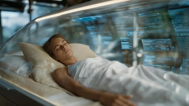 A futuristic health capsule glowing softly in a minimalist clinic, patient lying inside as biometric data streams across transparent holographic panels &mdash; wellness tech, preventive medicine, and