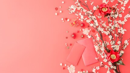 Red Envelopes and Plum Blossoms for the Chinese Spring Festival Decorations