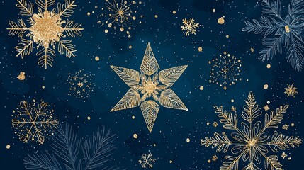 Sparkling Golden Snowflakes on Dark Blue with Winter Magic.