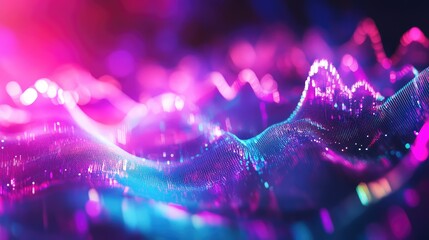Digital landscape forming a vibrant sound wave, visualizing complex data and technological innovation with glowing particles and fluid light effects creating an abstract, futuristic background