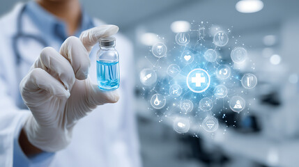 Medical professional holding vial with digital health network doctor blue liquid