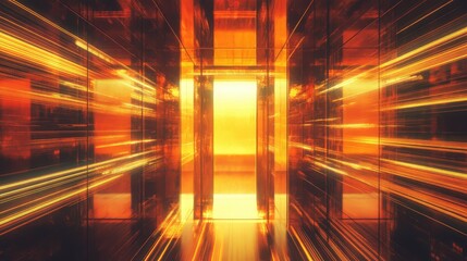 Abstract digital tunnel showing glowing light streaks and reflecting metallic surfaces, representing rapid data flow, advanced technology, speed, progress, communication, and future connectivity