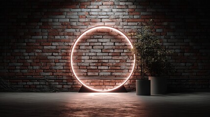 Neon Portal Glowing Circle on Brick with Plant, and Modern Urban Scene.