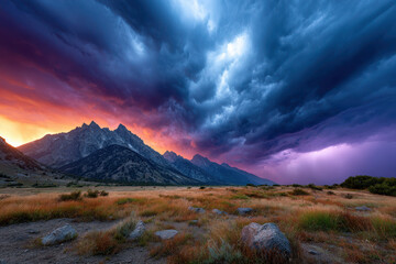 Dramatic Sunset and Storm Clouds over Mountain Range
