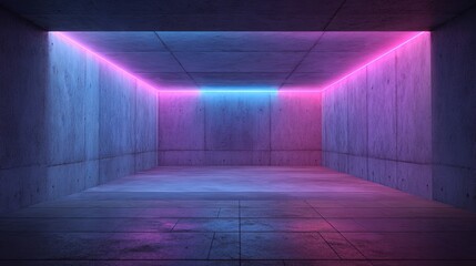 Neon Concrete Space Abstract empty room with pink  blue lights.