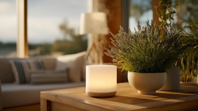 A smart-home scent diffuser accepting new aroma cartridges, each labeled with mood-enhancing blends as soft ambient light pulses during activation &mdash; wellness technology, personalized environments,