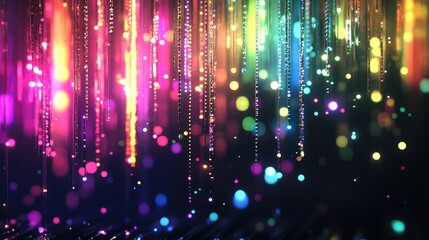 Colorful glowing light strings creating abstract bokeh circles on a dark background, representing digital data streaming, technology, and futuristic connectivity