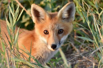 Obraz premium Close-up of a red fox in tall grass