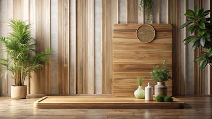 Serene Minimalist Interior Design Featuring a Wooden Platform, Planters, and Natural Textures