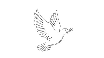 Obraz premium Elegant black and white outline illustration of a dove in flight, gracefully carrying an olive branch, symbolizing peace and hope.