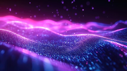 Digital particles form a vibrant, flowing wave pattern across the dark background, creating a glowing abstract landscape of light and motion, showcasing data streams and technological connections