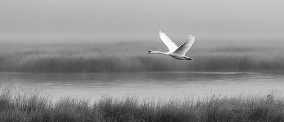 Swan in flight over misty wetland