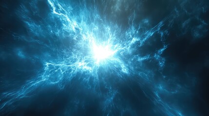 Blue plasma energy burst radiating bright lightning light and electric effects, creating a vivid, abstract background for technology and science concepts