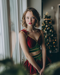 Naklejka premium Young woman in festive red and green Christmas costume standing by window with tree in background 
