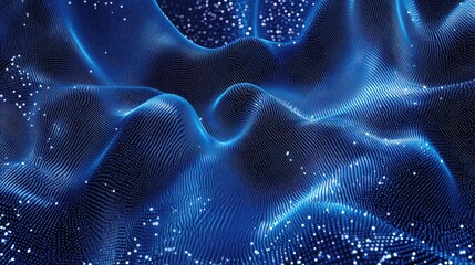 Undulating blue mesh of glowing particles forming a flowing digital network, visualizing data streams, ai connectivity, and futuristic information flow across a dynamic grid
