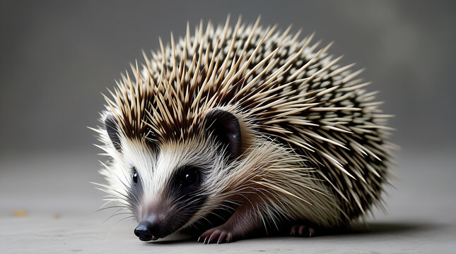  young hedgehog (hoglet) with spiny quills and a pointed pink nose rests on a pale surface, facing right, HD and 4k image