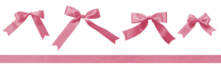 Pink bow satin ribbon stripe set, png isolated on transparent background for Valentine day,...