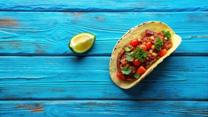 A single delicious taco shell filled with savory stew, vibrant cherry tomatoes, and fresh parsley, accompanied by a lime wedge, rests on a rustic blue wooden surface.