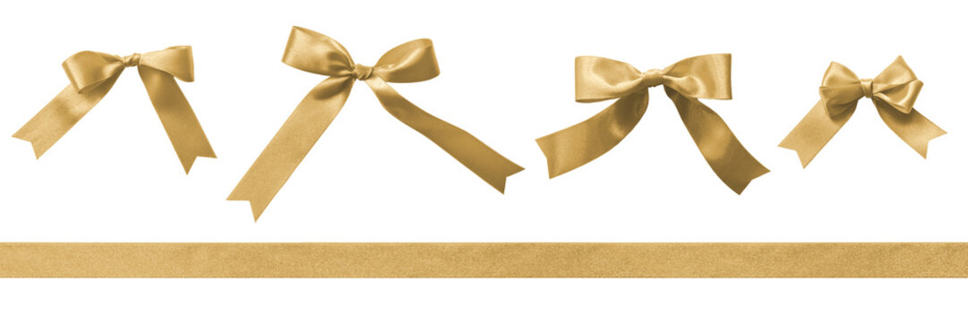 Gold bow satin ribbon stripe set, png isolated on transparent background with clipping path for Christmas, birthday and wedding card confetti design decoration element