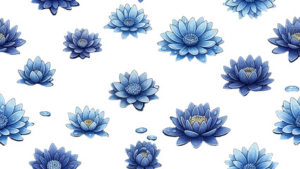 Vibrant Blue Dahlia Flowers Pattern with Bold Blooms on Isolated White Background, Refreshing Botanical Design.