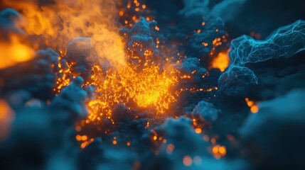 Glowing orange particle core radiating energy and light amid dark blue volumetric clouds and intertwining neural like network lines, conveying data flow, technology and dynamic connectivity
