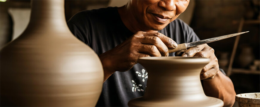Artisan Craftsperson Shaping Clay Pottery by Hand - Powered by Adobe