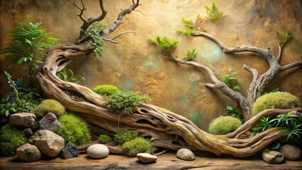 Serene Landscape Featuring Ancient Driftwood and Lush Greenery Against a Textured Earthy Backdrop