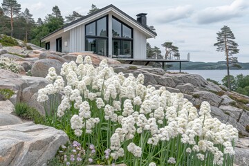 A modern house sits among rocks and white flowers by a tranquil lake, surrounded by trees and rolling hills.