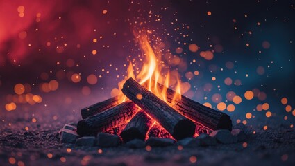 A warm campfire at night, with vibrant flames dancing among dark logs, surrounded by glowing embers and a soft bokeh backdrop
