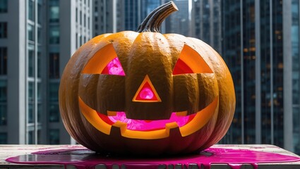 A carved Halloween pumpkin with a glowing pink interior, set against a cityscape background