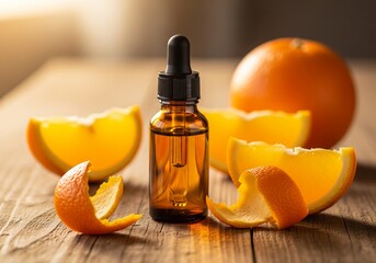 Citrus essential oil bottle with fresh orange peels in warm light 
