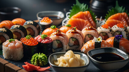 Delicious sushi rolls and sashimi with soy sauce and wasabi