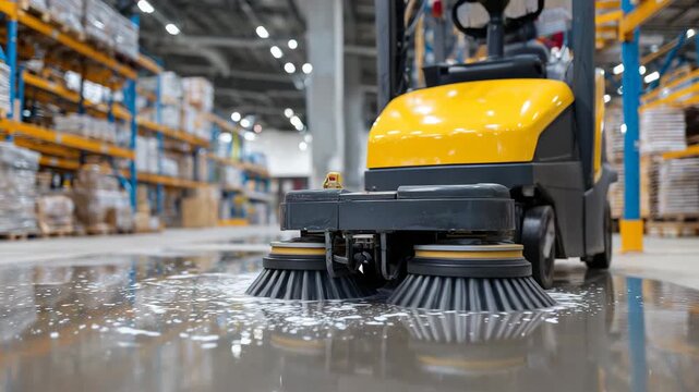 213Close-up of a modern floor scrubber in motion, brushes and squeegees actively cleaning warehouse tiles, ambient reflections creating dynamic textures on the wet surface