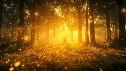 Woodland scene capturing warm glowing light filtering through tree trunks and illuminating the forest floor with numerous sparkling fireflies evoking a sense of fantasy and wonder