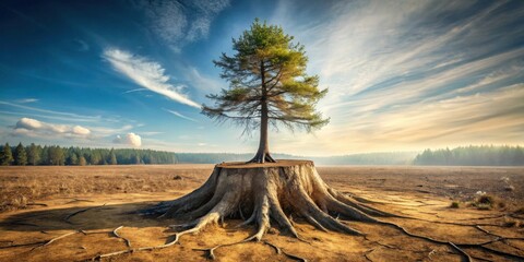 A lone evergreen tree thrives atop a weathered tree stump in a sun-drenched field, its roots reaching out across the parched earth, a testament to resilience and the enduring power of nature.