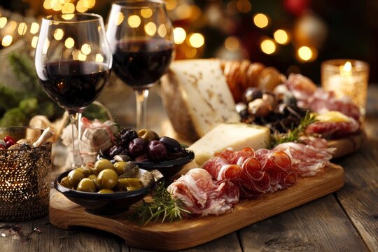 A beautifully styled gourmet charcuterie board is showcased, laden with a vibrant assortment of thinly sliced cured meats, artisanal cheese wedges, and bowls of marinated green and dark olives, all ar - Powered by Adobe