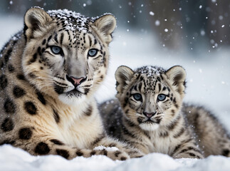 Fototapeta premium Snow leopard mother and cub under winter snow