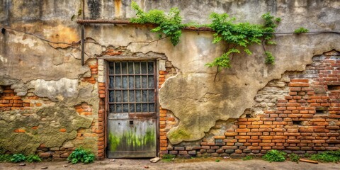A weathered brick and stucco wall with an aged metal-barred door, adorned by resilient green vines