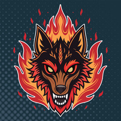 Vibrant, stylized illustration of a fierce wolf's head engulfed in orange and red flames. Glowing eyes and sharp teeth convey power and intensity on a dark, dotted background.