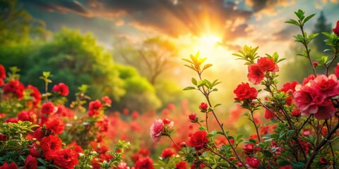 Golden hour sunlight illuminates a vibrant field of blooming red flowers, creating a breathtaking natural scene of springtime beauty.