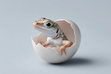 Curious baby lizard hatching from white eggshell. small reptile exploring new life, fragile and innocent animal