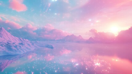 Pastel pink and blue clouds reflecting on tranquil water creating a magical, ethereal glow with sparkling light particles across a serene mountain landscape