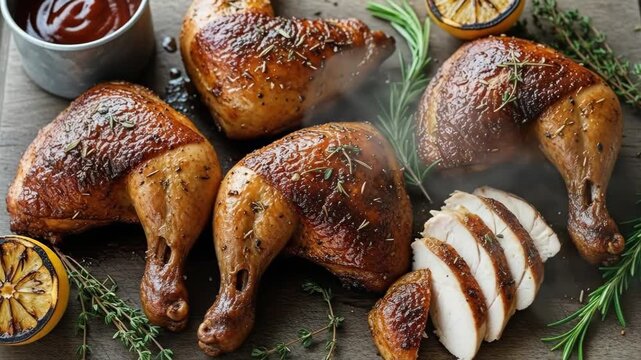 Succulent roasted chicken with lemon and herbs served on wooden board with bbq sauce