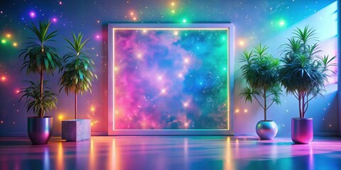 Serene cosmic interior design featuring vibrant nebula artwork, illuminated by soft ambient lighting, complemented by lush potted plants, creating a tranquil and futuristic atmosphere.