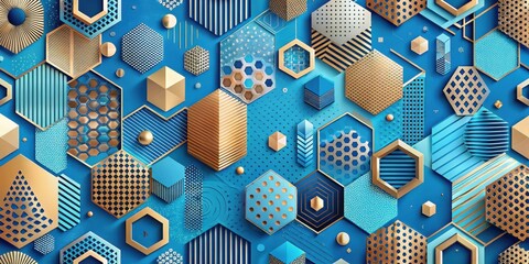 Abstract Blue and Gold Hexagon Pattern Design Featuring Geometric Shapes and Textures