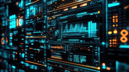 Digital interface screens with glowing blue and orange data visualizations, charts and graphs conveying ai driven big data processing, cybersecurity monitoring and network intelligence