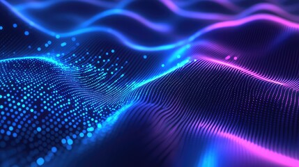 Glowing particles forming an abstract undulating digital surface, representing data stream, network connections, and technological innovation across a dynamic landscape