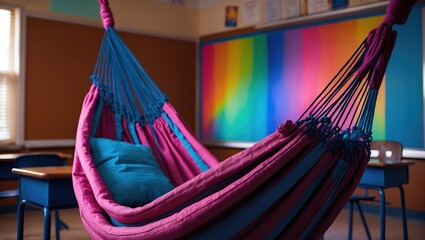 Colorful hammock in a classroom setting with vibrant wall art in the background, creating a cozy atmosphere