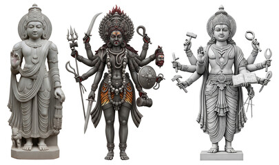 Trio of grey stone Hindu sculptures featuring a central fierce multi-armed goddess flanked by male deities with traditional weapons.